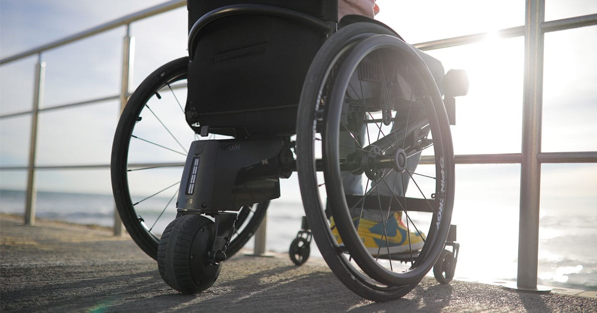 SMOOV one power add on displayed on a manual wheelchair